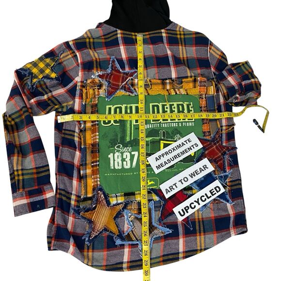 Upcycled Flannel Shirt Shacket Womens XL Tractor Plow  Grunge Patchwork Folk Art - Picture 2 of 11